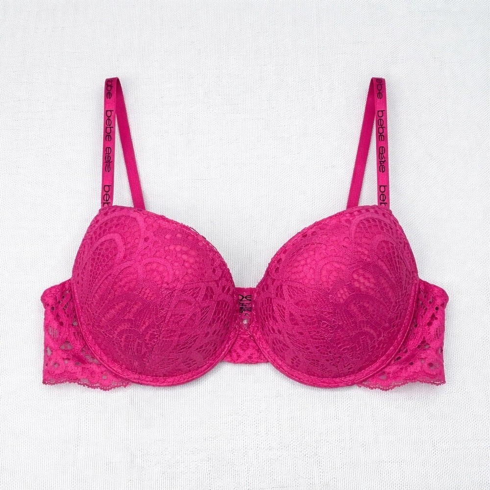 Bebe‎ Hot Pink Lace Push Up Bra 36C Logo Srap Underwire Sexy Lingerie Barbiecore